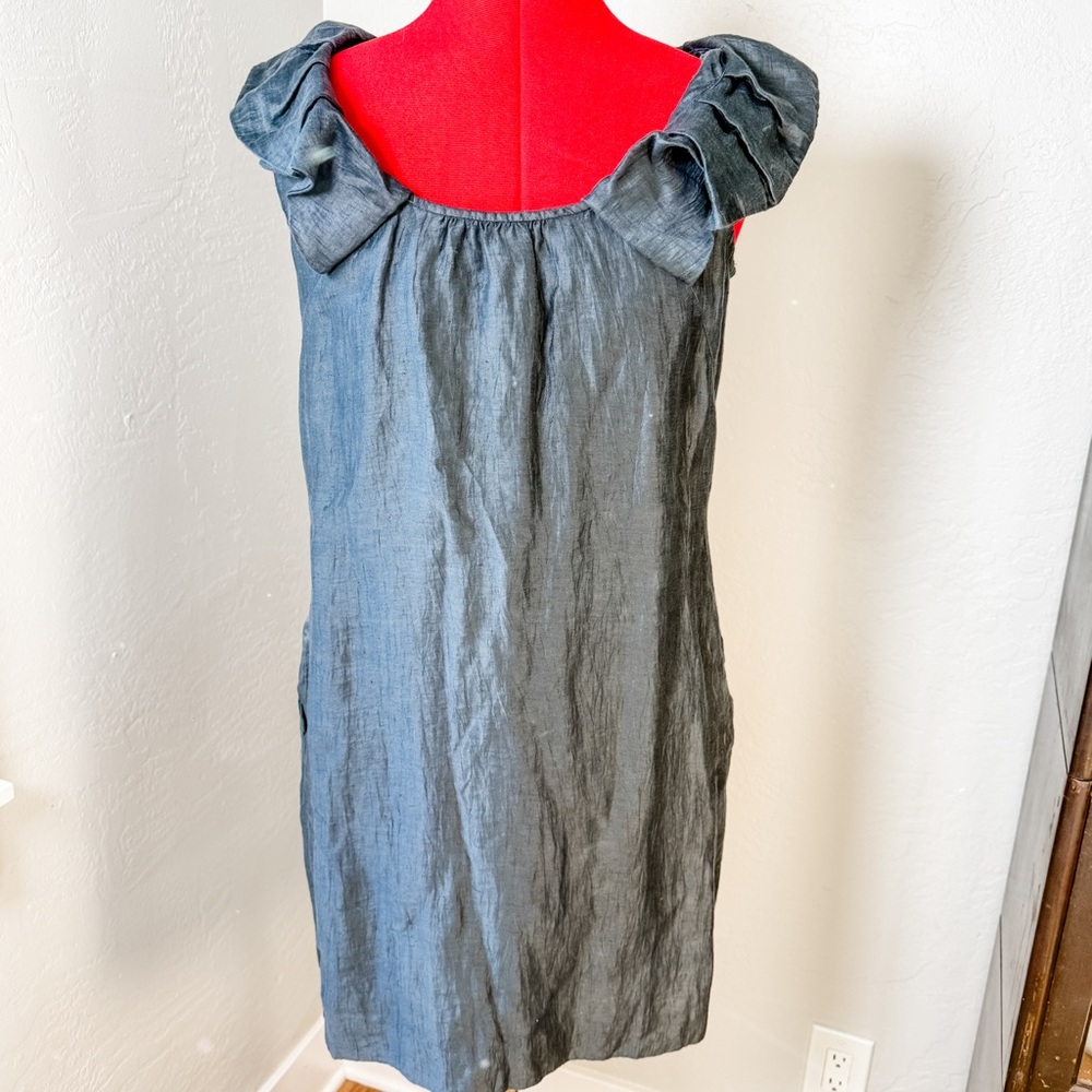 J.Crew Blue Gray Linen Blend Ruffle Sleeve Shift Dress Size 6